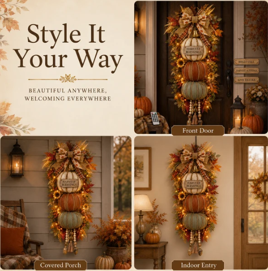 Lighted StackedPumpkin Fall Door Decorwith 3 Seasonal Plaques