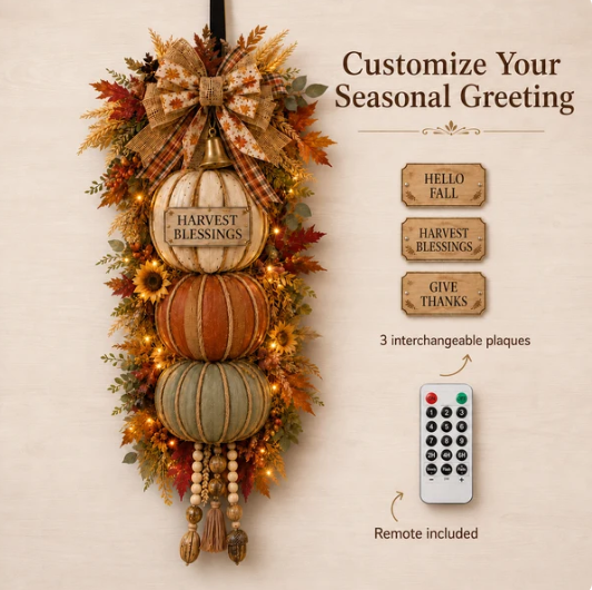 Lighted StackedPumpkin Fall Door Decorwith 3 Seasonal Plaques