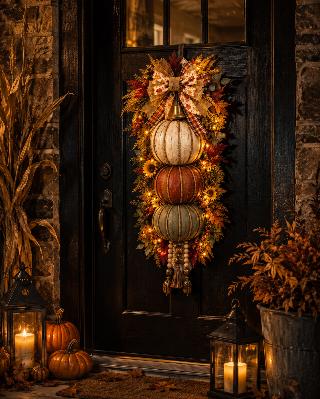 Lighted StackedPumpkin Fall Door Decorwith 3 Seasonal Plaques