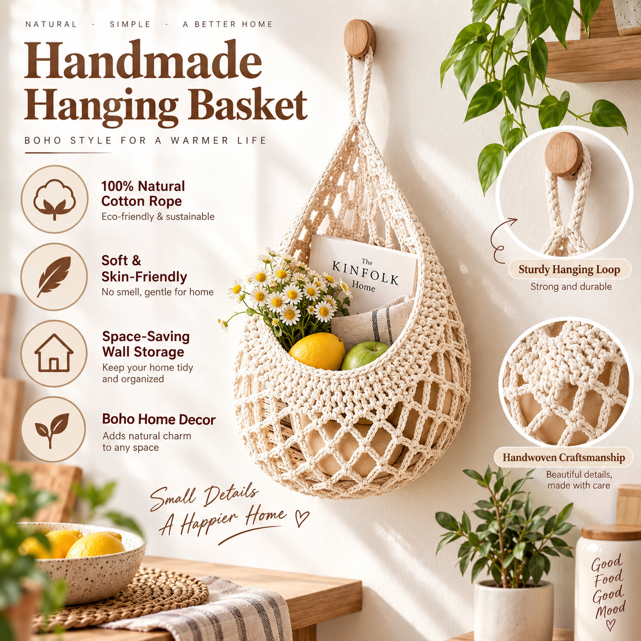 Boho-style handmade double-layer hanging basket + three-piece mesh net set