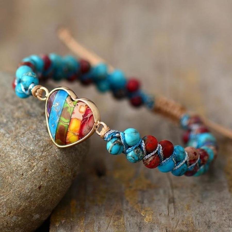 Natural Jasper Rainbow Heart Bead Bracelet