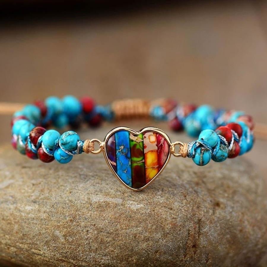 Natural Jasper Rainbow Heart Bead Bracelet