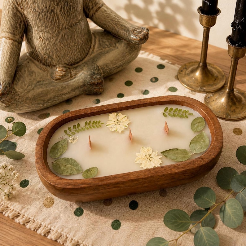 Acacia Bowl Beeswax Candle with Dried Flowers | Essential Oil, Wood Wick