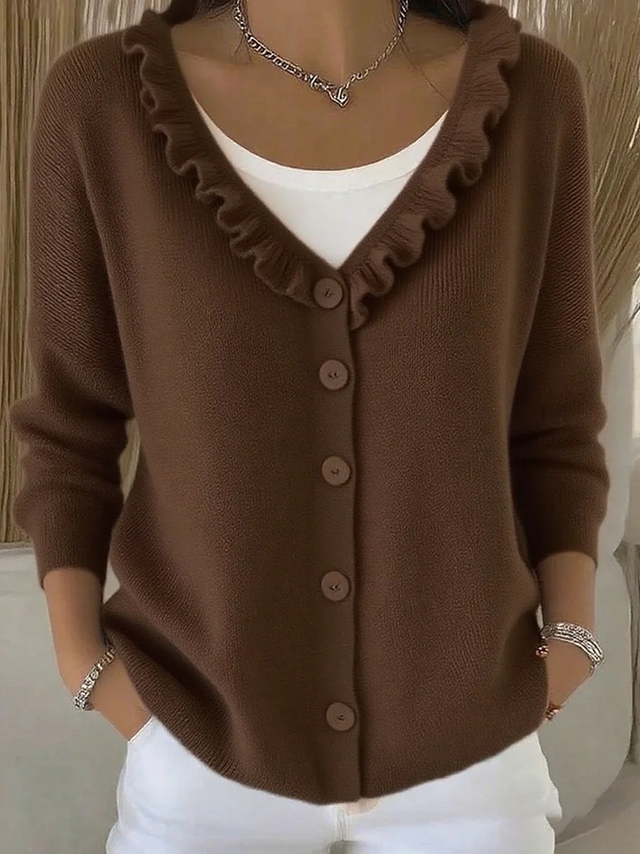 Women's Ruffle Trim V-Neck Button-Down Cardigan - Casual Soft Knit Sweater Top