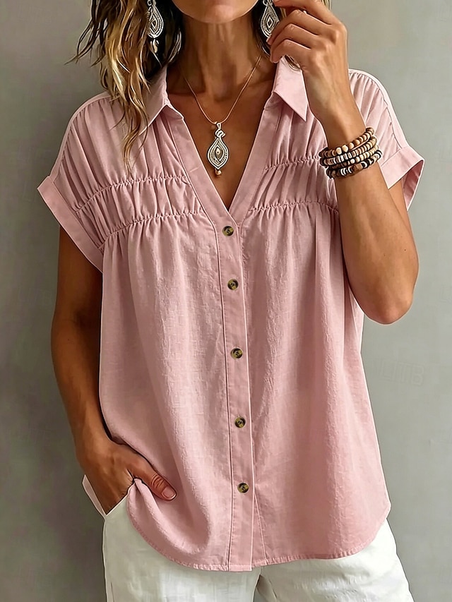 Women's Blouse Ruched Plain Stylish Casual Short Sleeve V Neck Regular Tops Casual Daily White Khaki Black Pink Summer Spring