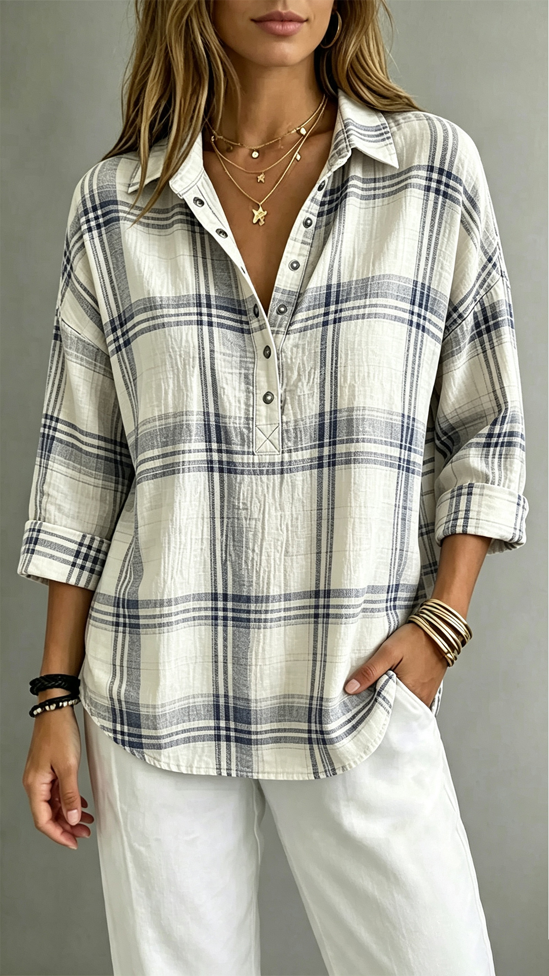 Women's Plaid Henley Polo Shirt Casual Oversized Drop Shoulder Long Sleeve Blouse