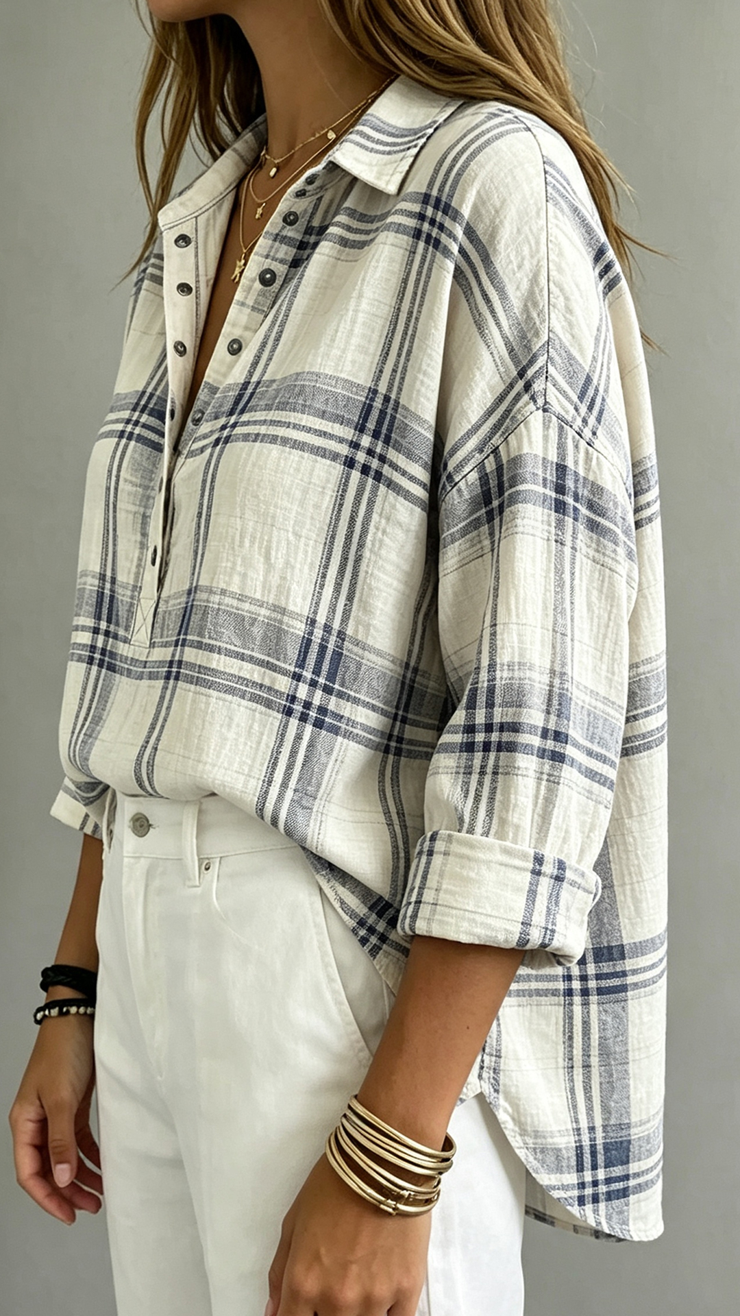 Women's Plaid Henley Polo Shirt Casual Oversized Drop Shoulder Long Sleeve Blouse