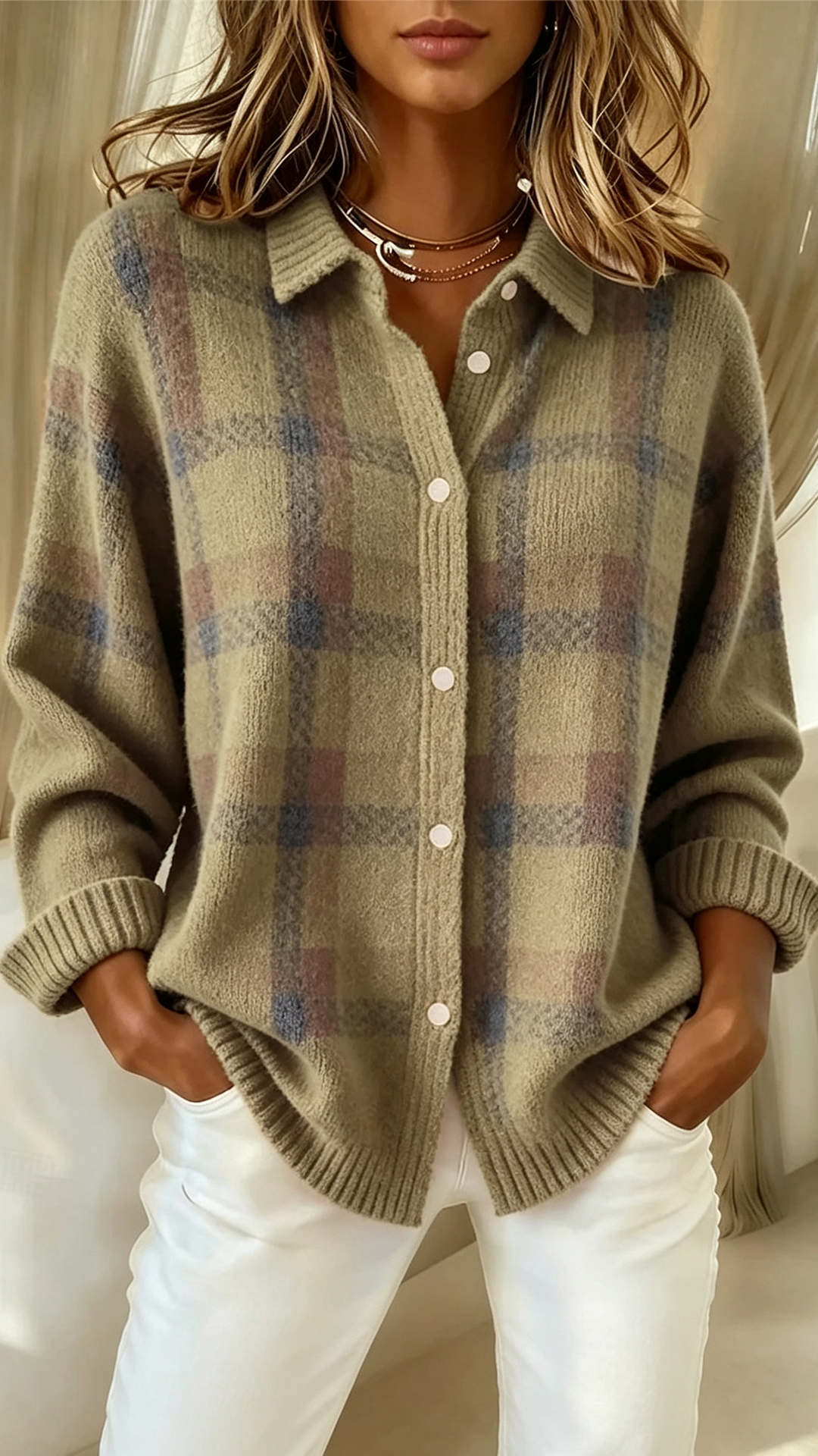 Women's Sweater Cardigan Elegant Fashion Streetwear Solid Color Plaid Shirt