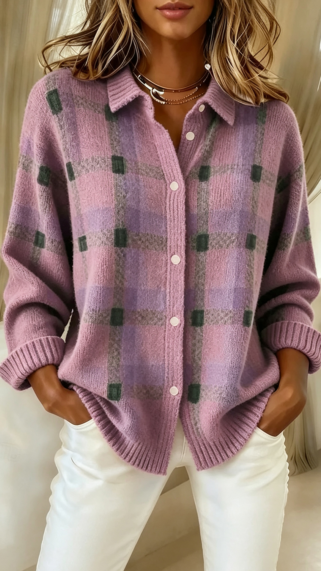 Women's Sweater Cardigan Elegant Fashion Streetwear Solid Color Plaid Shirt