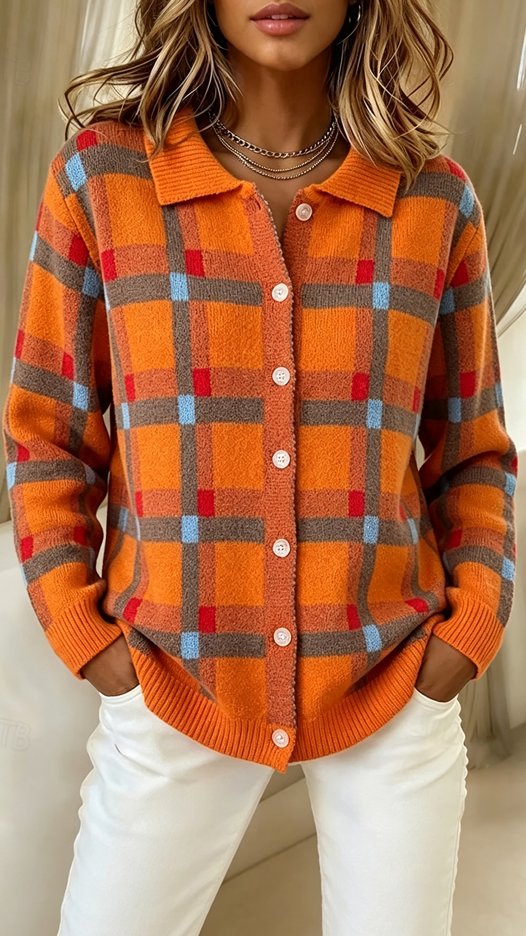 Women's Sweater Cardigan Elegant Fashion Streetwear Solid Color Plaid Shirt