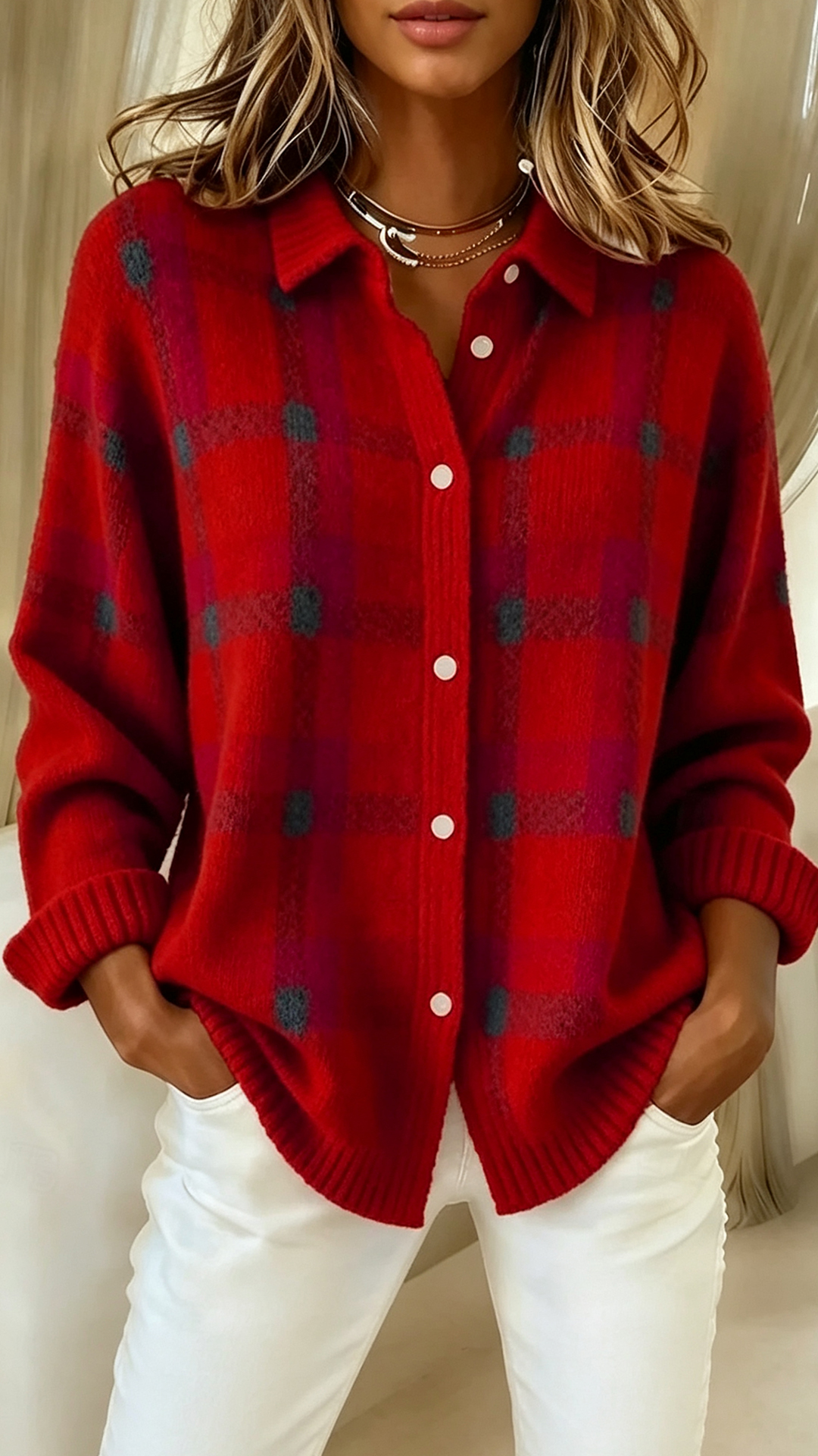 Women's Sweater Cardigan Elegant Fashion Streetwear Solid Color Plaid Shirt