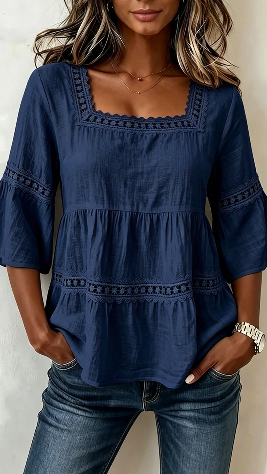 Square Neck Lace Trim Peplum Blouse with 3/4 Bell Sleeves