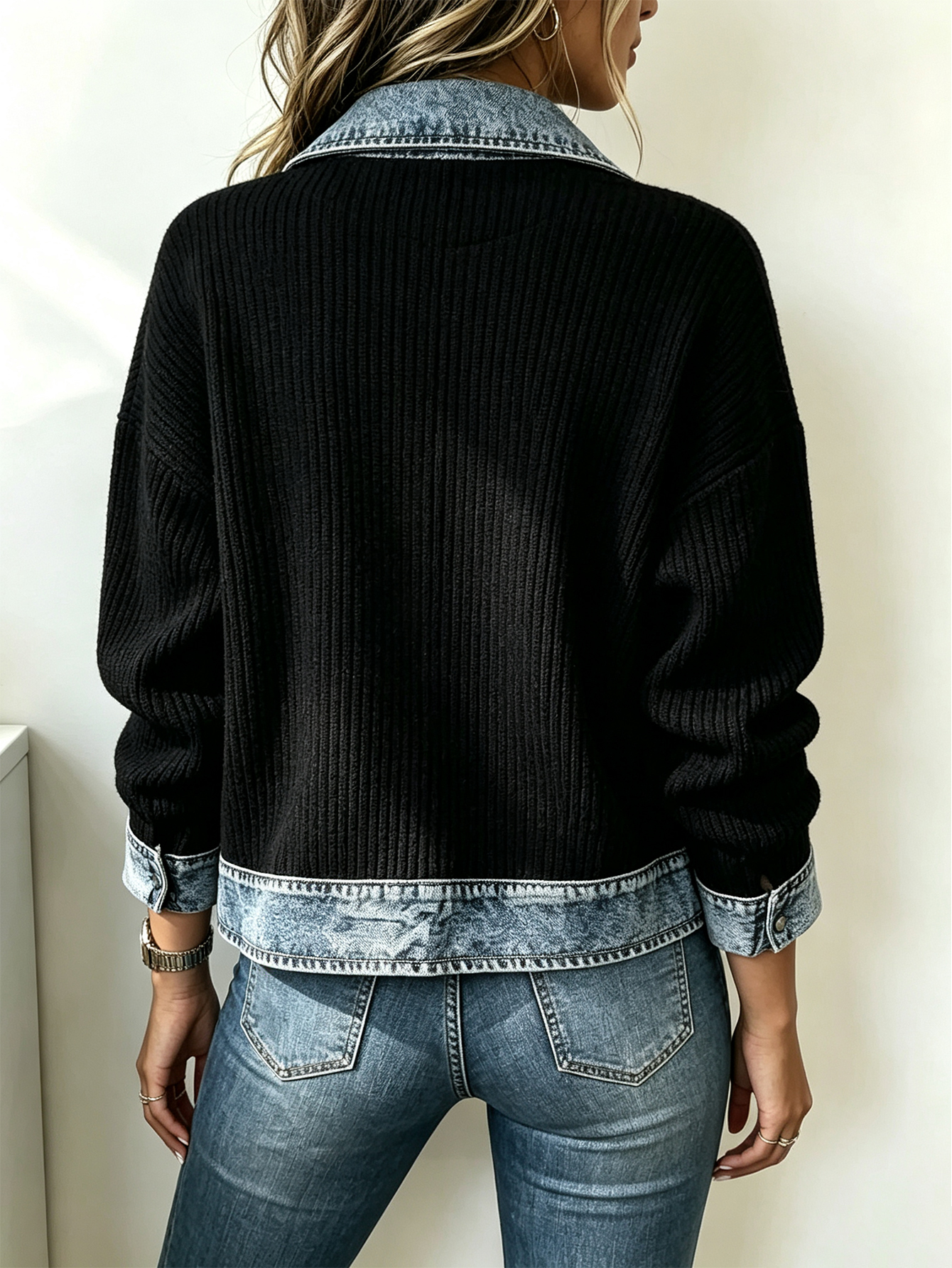 Women's Denim Patchwork Ribbed Knit Button-Up Jacket