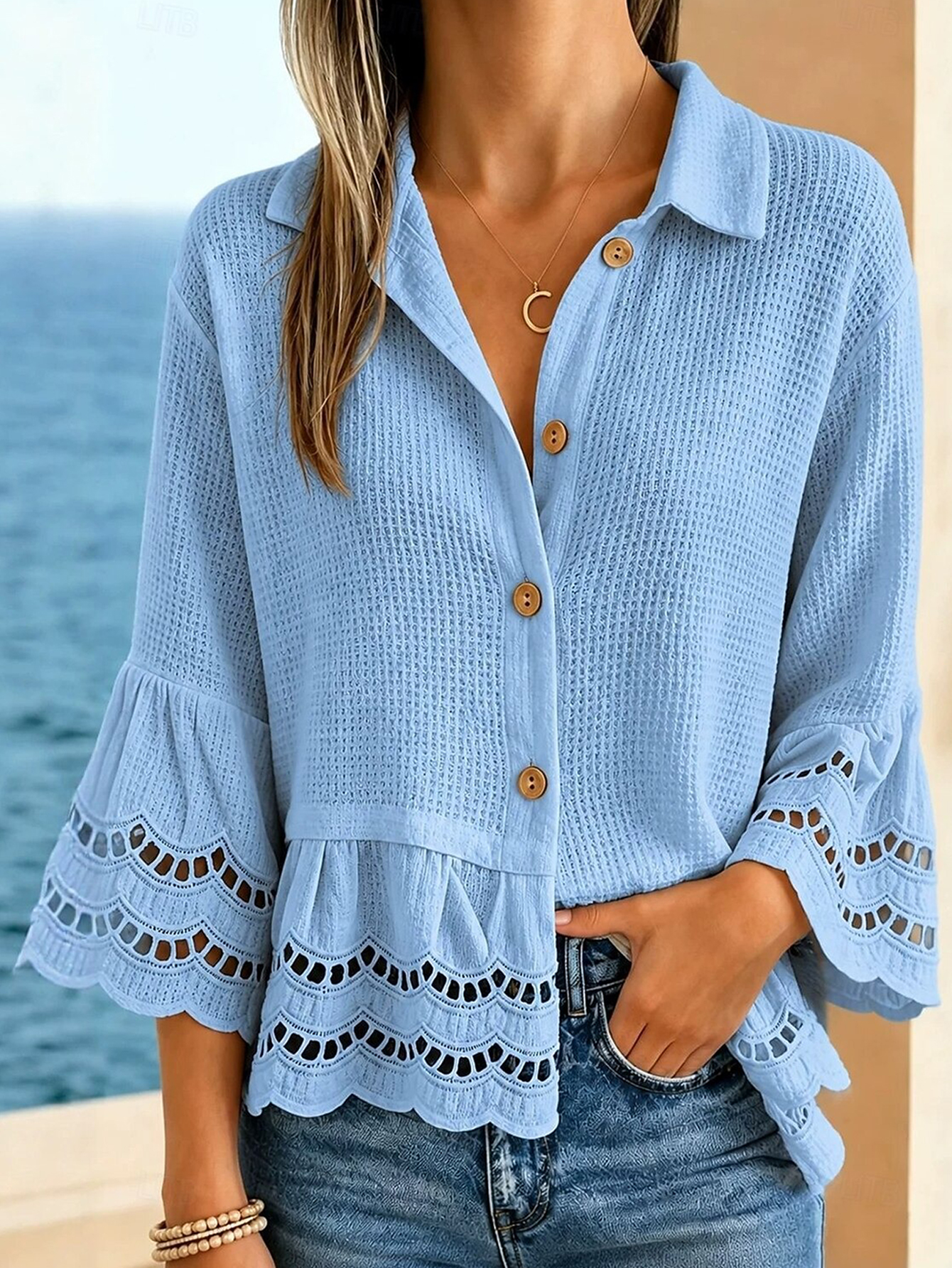 Women's Waffle Knit Lace Trim Button-Up Blouse Collared Bell Sleeve Top