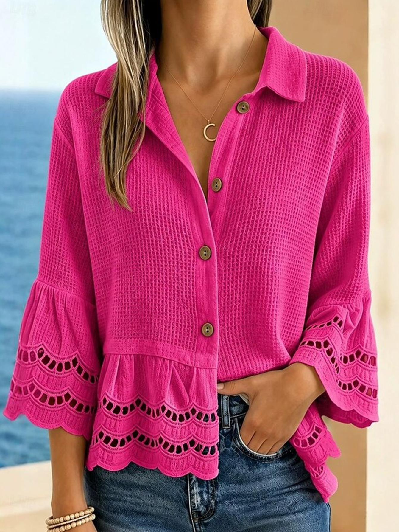 Women's Waffle Knit Lace Trim Button-Up Blouse Collared Bell Sleeve Top