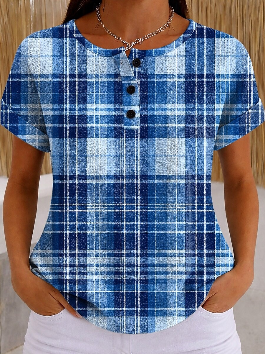 Women's Waffle Knit Plaid Button Detail Casual Short Sleeve Top