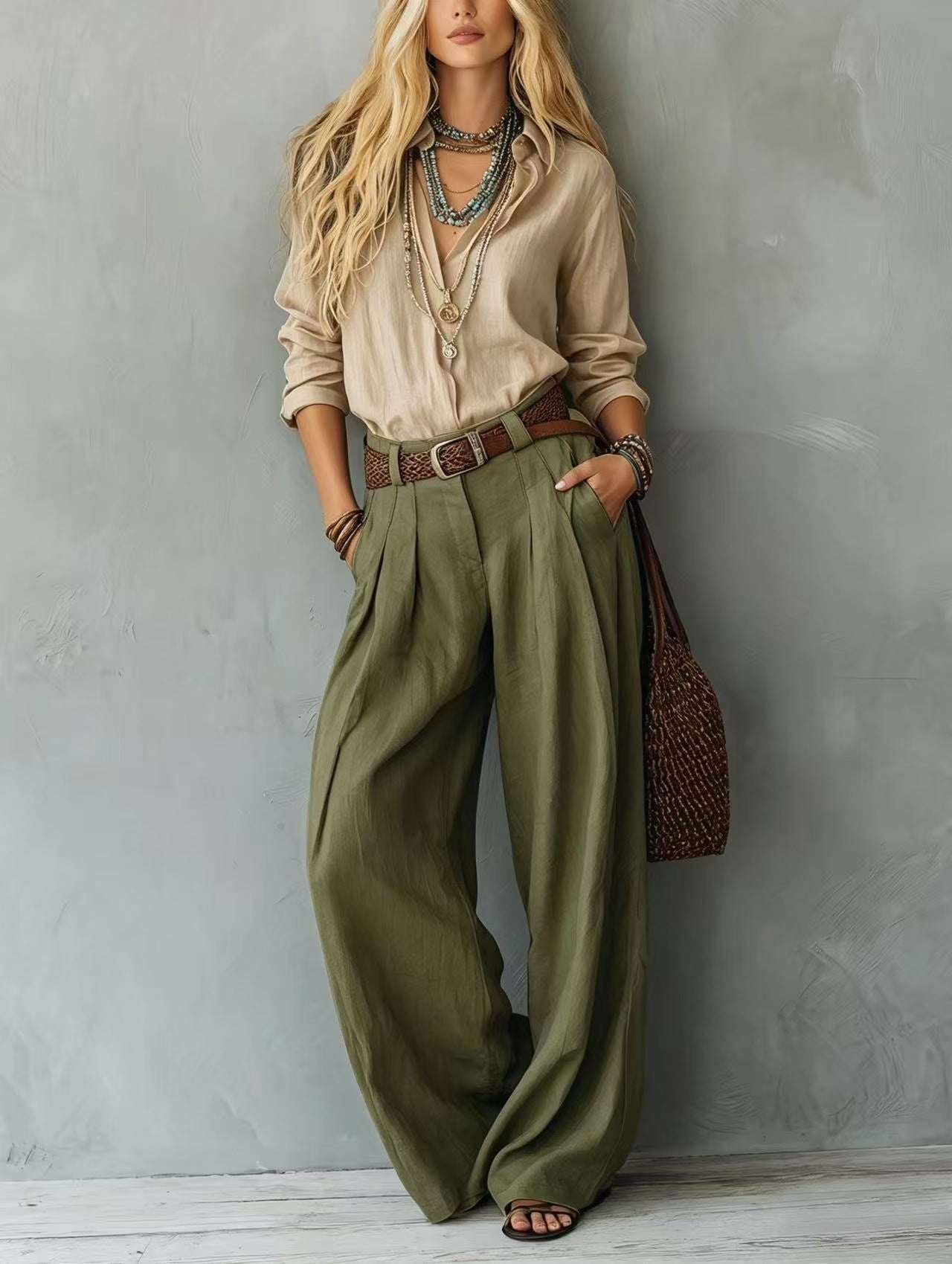 Women's Blouse & Wide-Leg Pants Set – Loose Fit Two-Tone 2-Piece