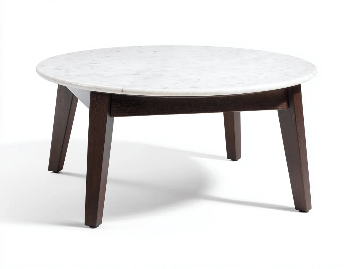 Mesa De Centro redonda 90x90x41 cm - blanco y marrón oscuro - tapa efecto mármol para salón-Varosohaus