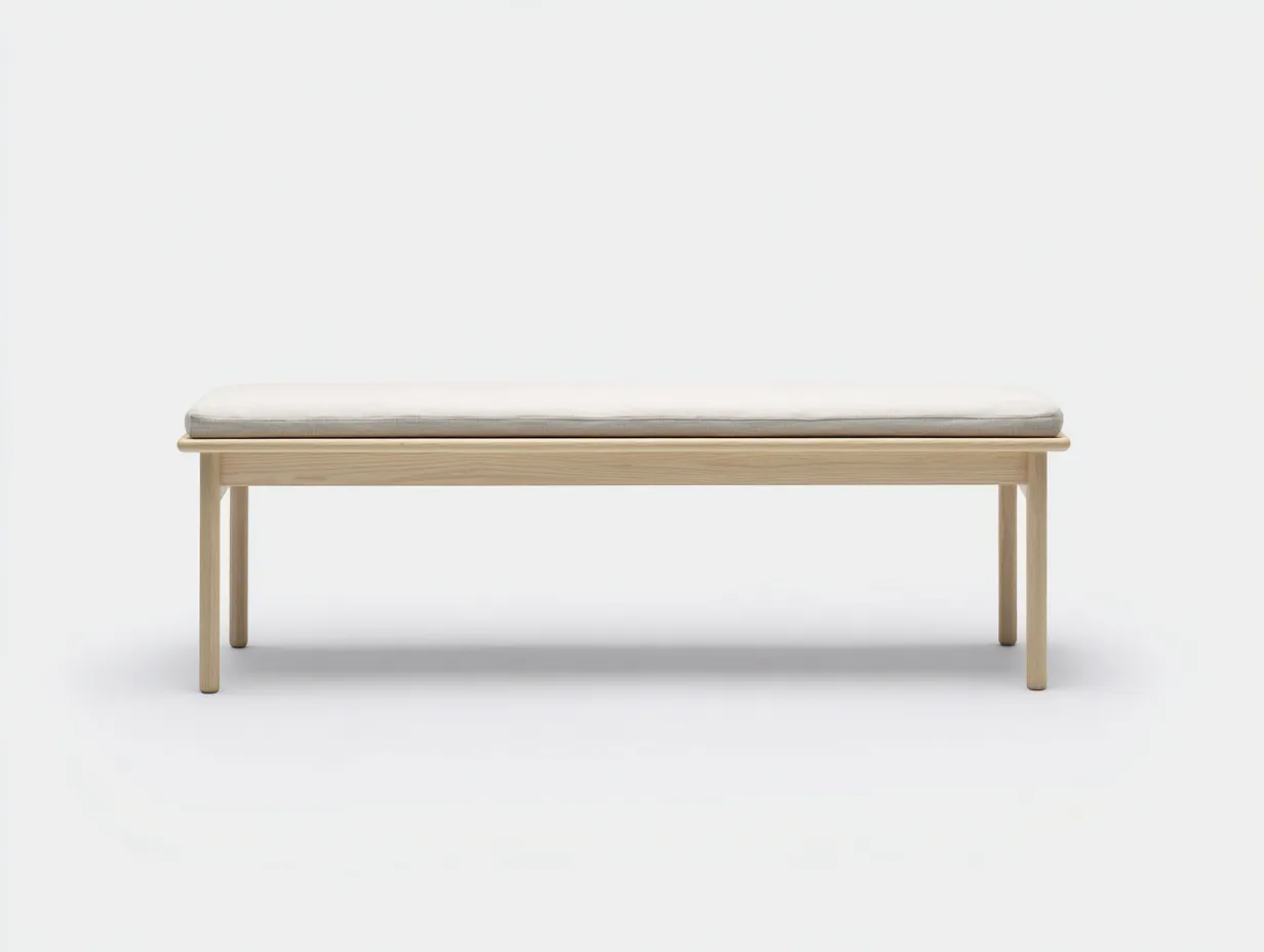 Banco acolchado de madera clara 135x39x48 cm - natural y lino beige - estilo minimalista para dormitorio-Varosohaus