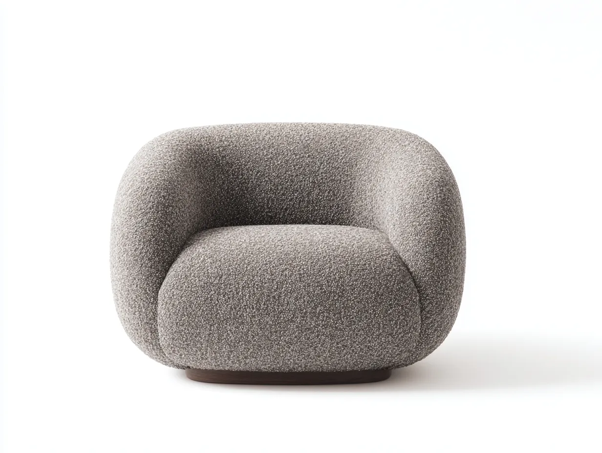 Sillón tapizado en bouclé 91x87x75 cm - gris topo y madera oscura - para salón con base baja-Varosohaus