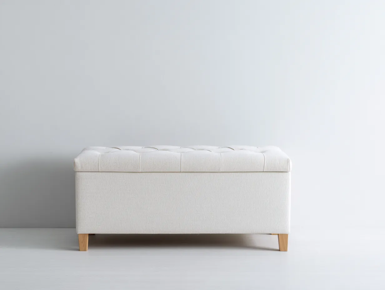 Banco baúl acolchado 118x44x49 cm - marfil y madera clara - estilo clásico para dormitorio-Varosohaus