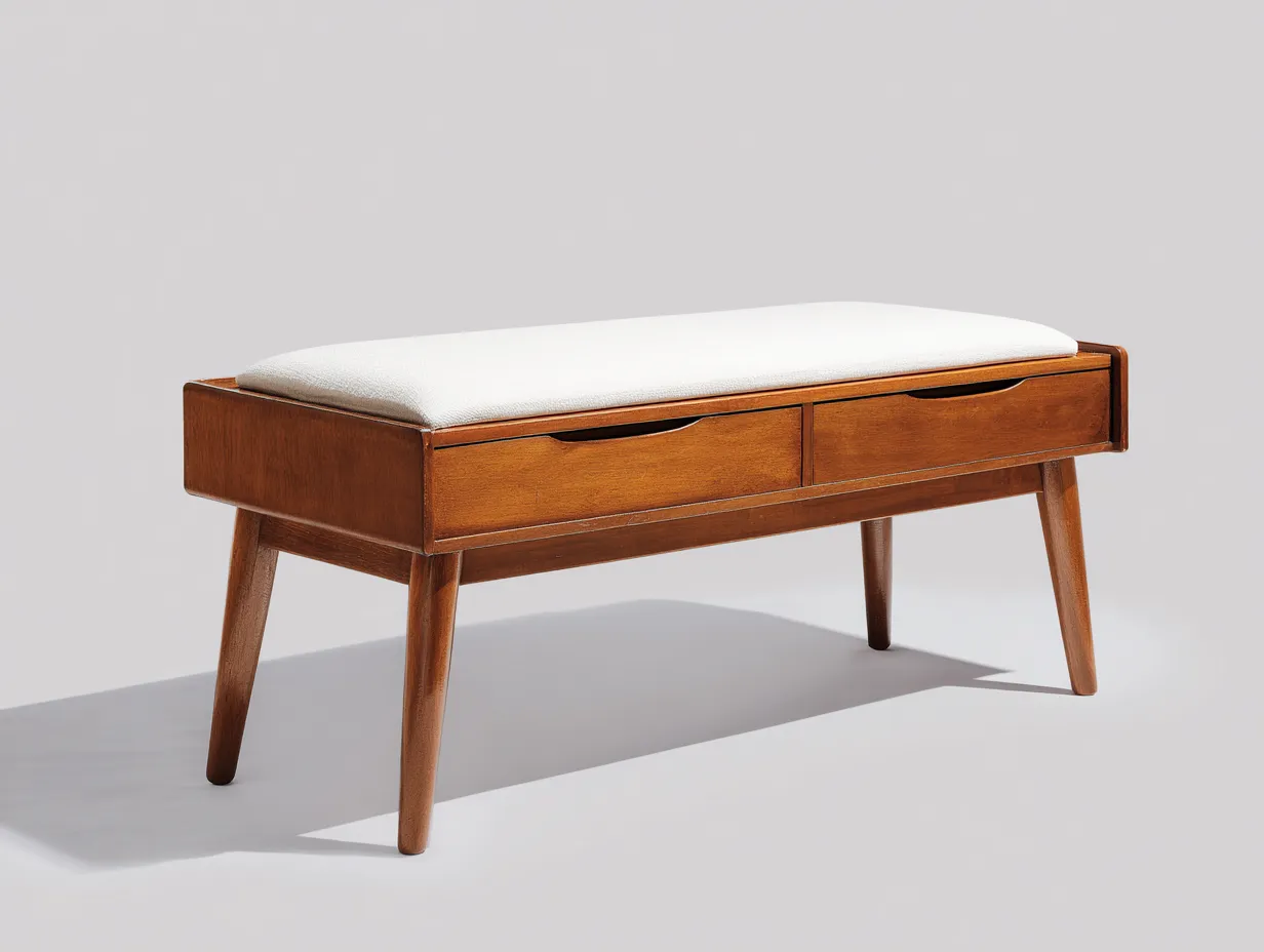 Banco de madera con cojín y dos cajones 128x42x53 cm - nogal cálido y blanco crema - estilo retro para dormitorio-Varosohaus