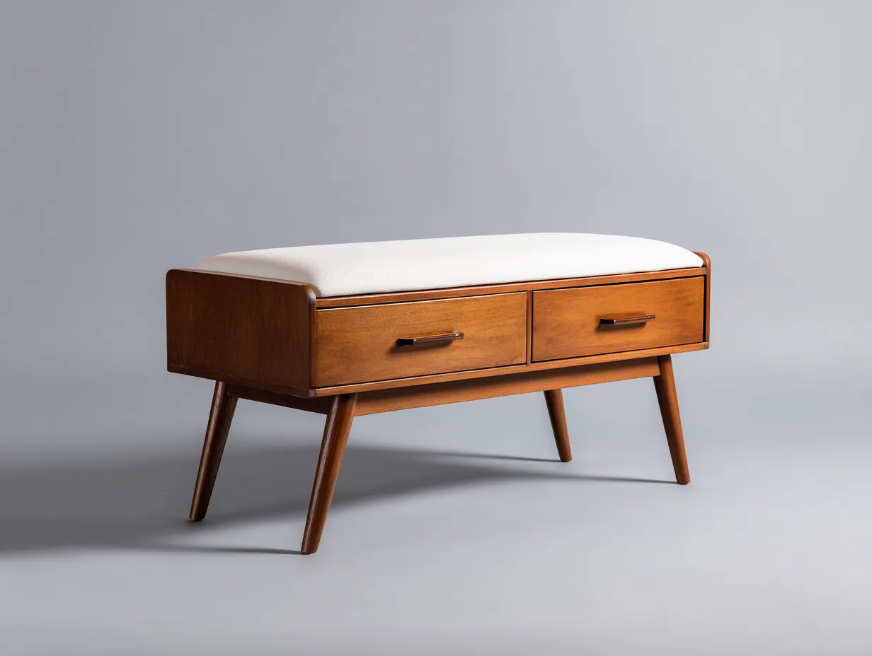 Banco de madera con cojín y dos cajones 125x43x53 cm - nogal cálido y blanco crema - para dormitorio-Varosohaus