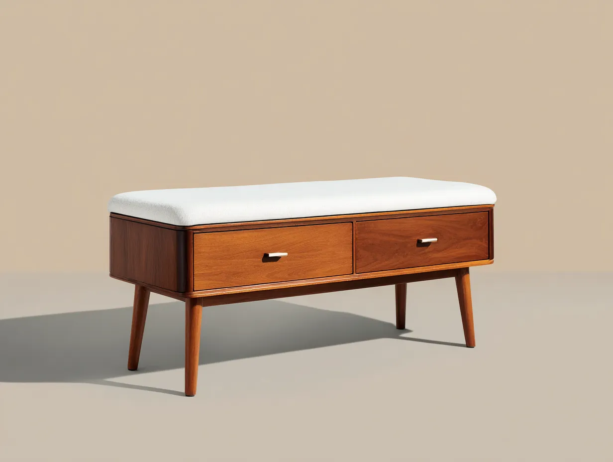Banco zapatero con dos cajones 120x42x52 cm - nogal y crema - estilo retro para dormitorio-Varosohaus