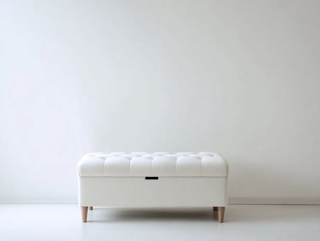 Banco baúl tapizado capitoné 115x43x48 cm - blanco crema y madera natural - para dormitorio-Varosohaus