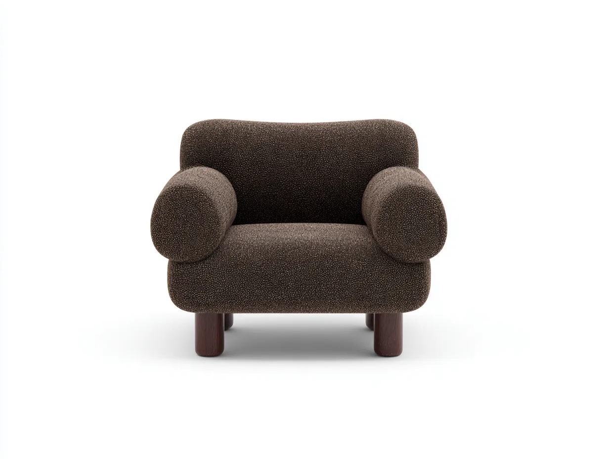 Sillón tapizado con patas de madera 88x84x72 cm - marrón oscuro y madera oscura - para salón con brazos cilíndricos-Varosohaus