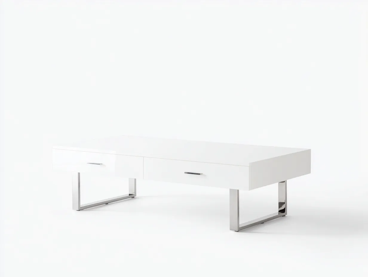 Mesa De Centro lacada 118x60x40 cm - blanco y cromado - 2 cajones para salón-Varosohaus