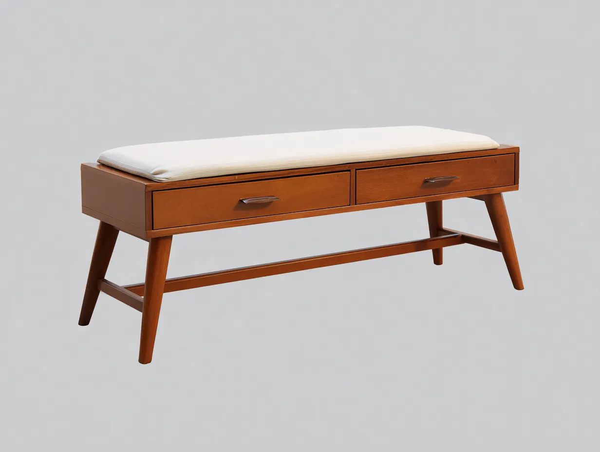 Banco zapatero con cojín 122x40x51 cm - madera cerezo y crema - diseño vintage para dormitorio-Varosohaus