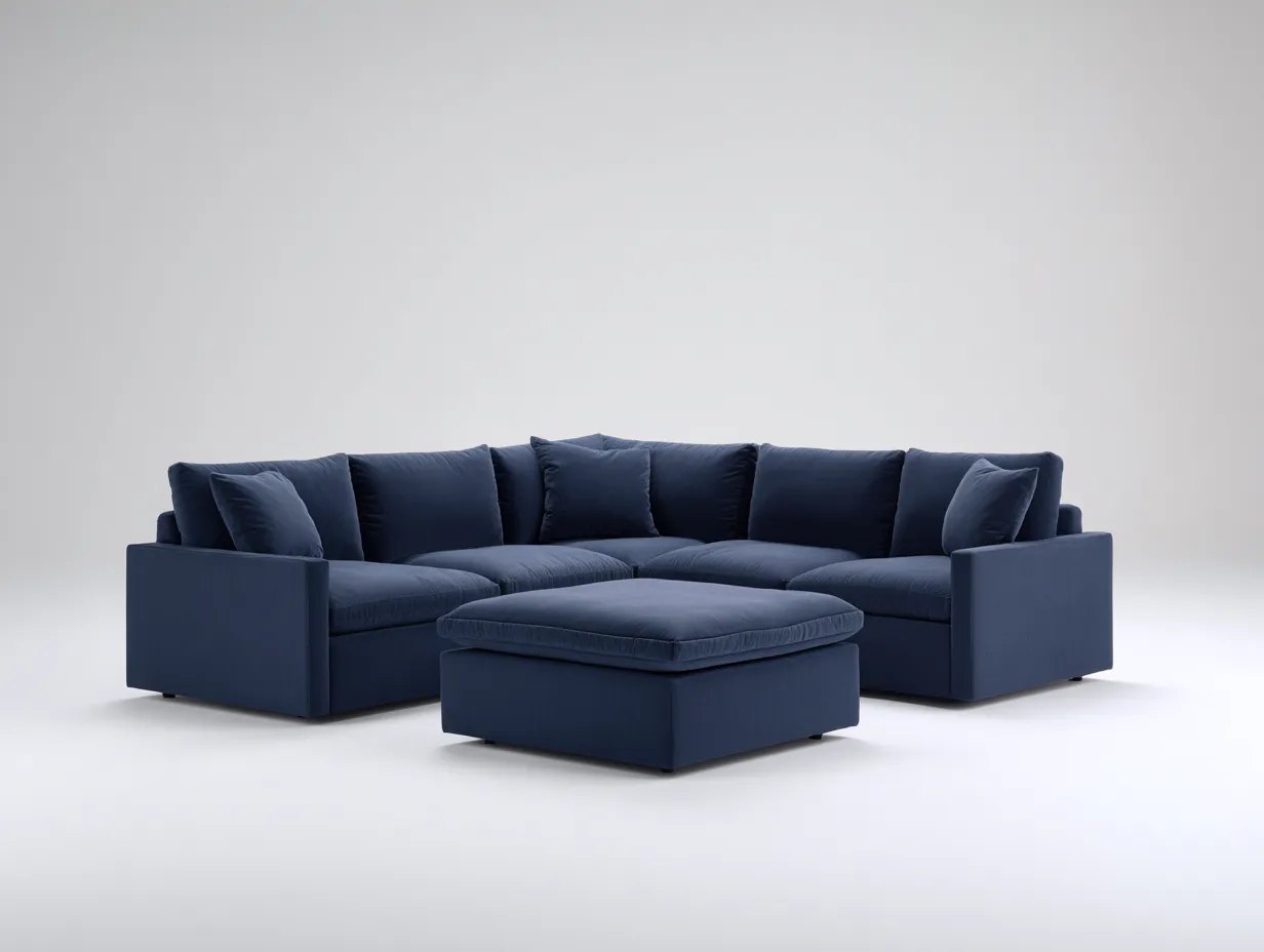 Conjunto De Sofá Esquinero de tela 302x220x85 cm - azul marino - con reposapiés central para salón-Varosohaus
