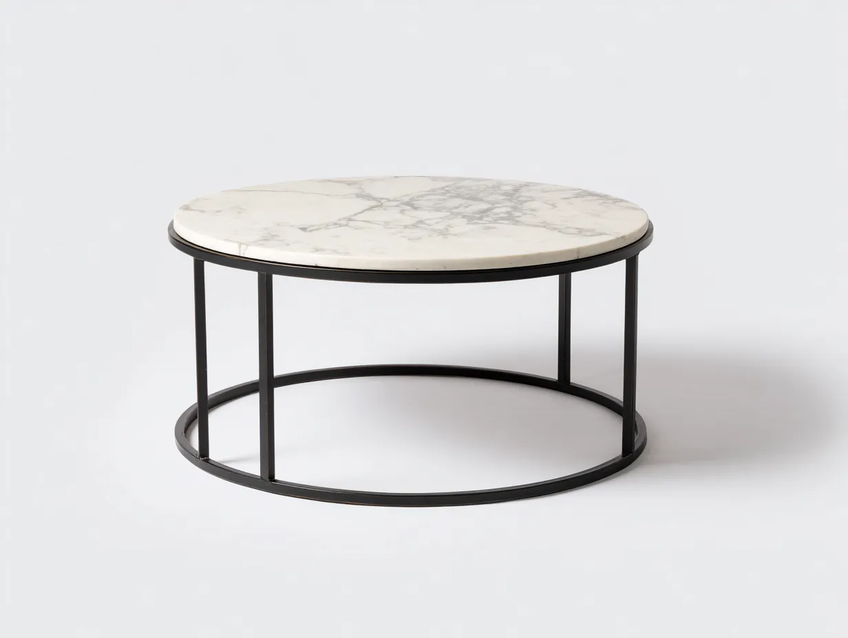 Couchtisch 90x90x43 cm - weiß marmoriert und schwarz - runder Rahmenfuß für Wohnzimmer-Malenronest