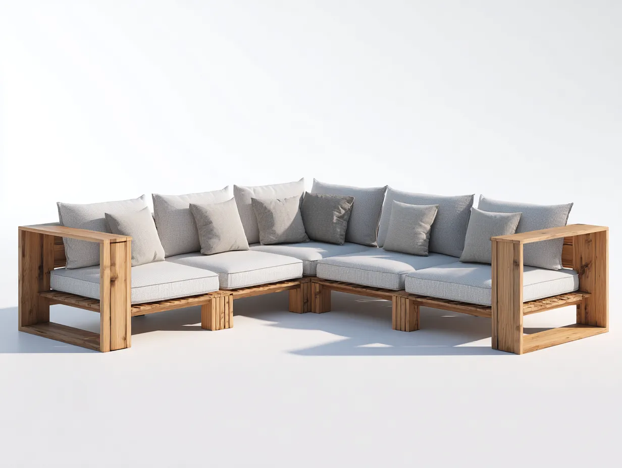 Ecksofa Outdoor mit Holzrahmen 315x250x82 cm - Naturholz und Hellgrau - für Terrasse-Malenronest