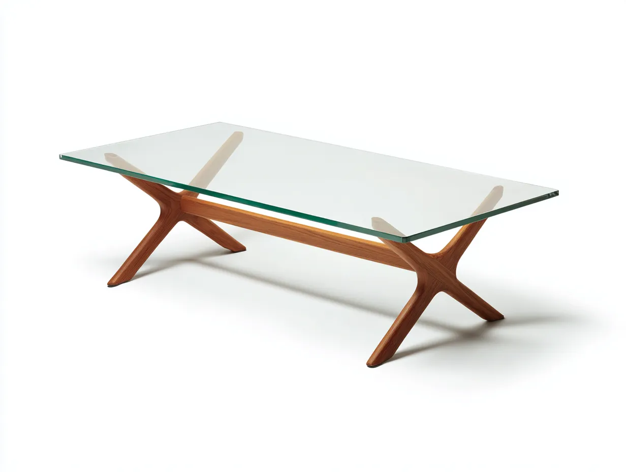 Couchtisch 135x65x42 cm - transparent und walnussbraun - X-Holzgestell für Wohnzimmer-Malenronest
