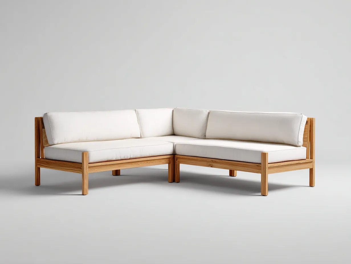 Ecksofa Outdoor mit Holzrahmen 310x235x79 cm - Naturholz und Weiß - moderne Gartenlounge-Malenronest