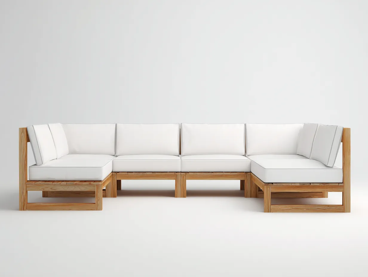 Ecksofa Outdoor aus Holz 360x260x80 cm - Naturholz und Weiß - breite Terrassenform-Malenronest