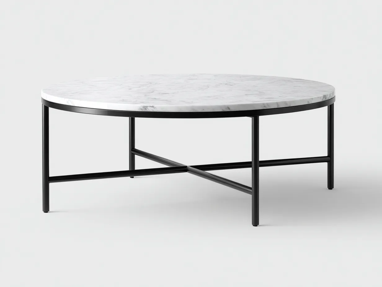 Couchtisch 85x85x42 cm - weiß marmoriert und schwarz - runde Platte mit Metallgestell für Wohnzimmer-Malenronest