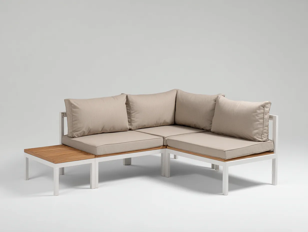 Ecksofa Outdoor mit weißem Metallrahmen 240x220x76 cm - Beige und Weiß und Naturholz - für Garten-Malenronest