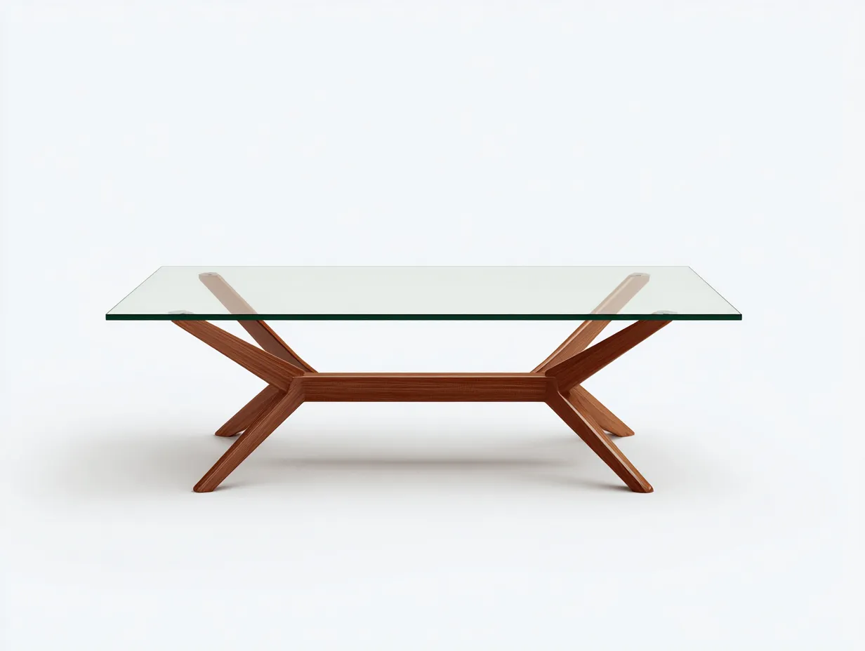 Couchtisch 140x68x43 cm - transparent und warmbraun - Glasplatte mit Kreuzgestell für Wohnzimmer-Malenronest