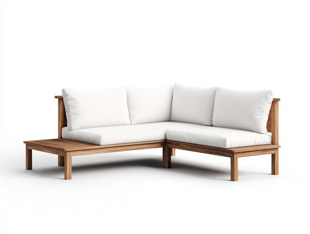 Ecksofa Outdoor aus Holz 245x225x76 cm - Naturholz und Weiß - mit seitlicher Ablage-Malenronest