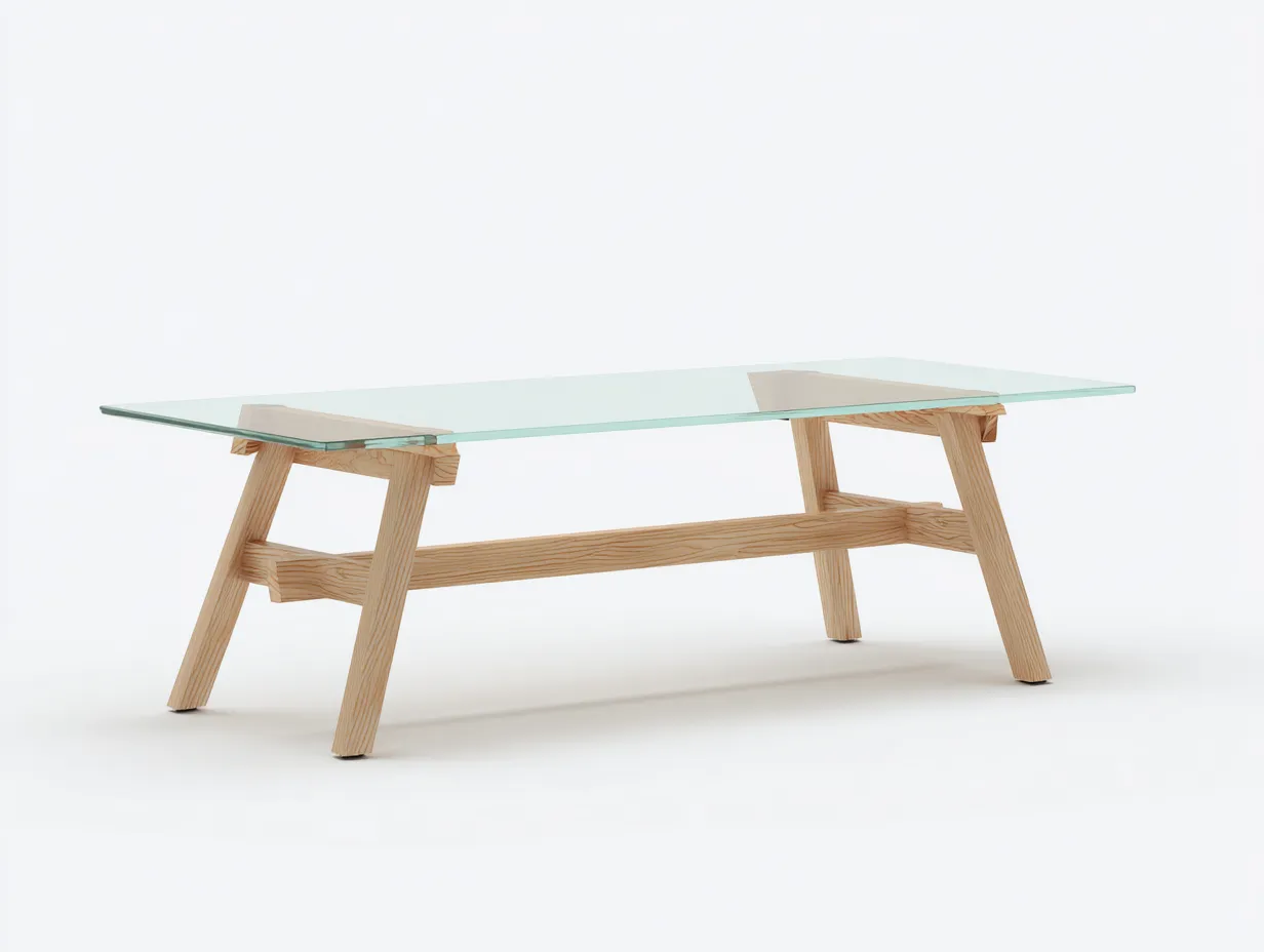 Couchtisch 130x60x40 cm - transparent und naturholz - Glasplatte mit Holzgestell für Wohnzimmer-Malenronest