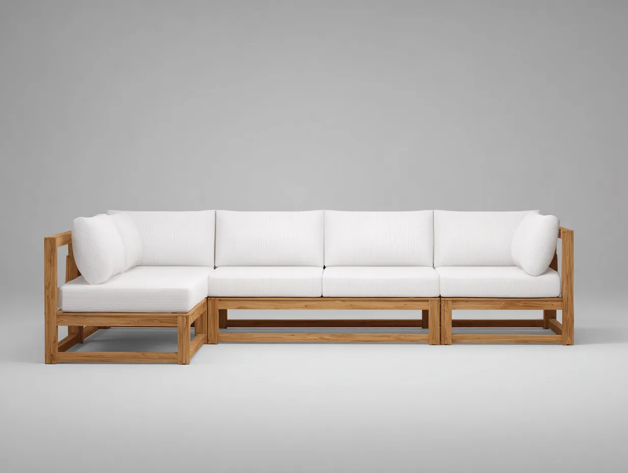 Ecksofa Outdoor mit Holzrahmen 330x255x80 cm - Naturholz und Weiß - offene Armlehnen-Malenronest
