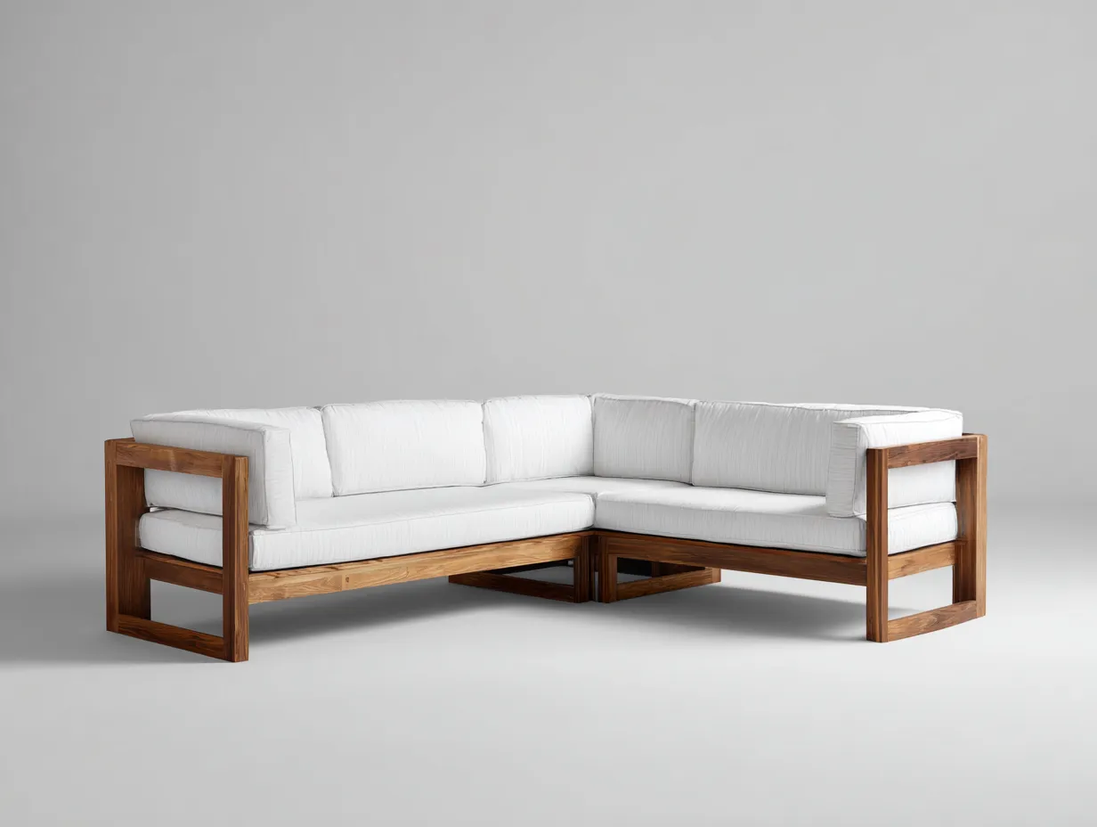 Ecksofa Outdoor mit kompaktem Holzgestell 260x210x78 cm - Naturholz und Weiß - für Terrasse-Malenronest