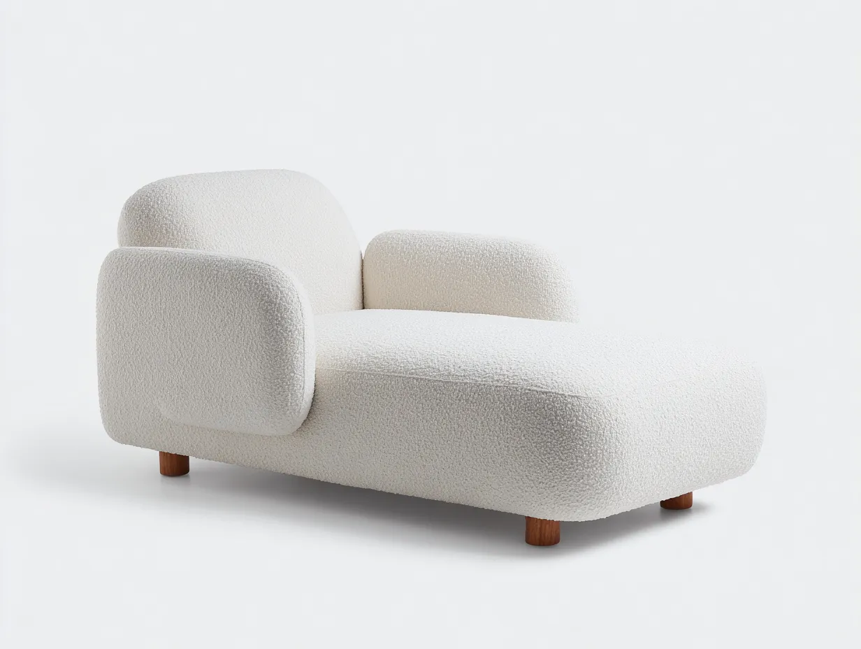 Chaiselongue Bouclé 168x82x76 cm - Cremeweiß und Naturholz - kompakte Form für Wohnzimmer-Ziluxcorner