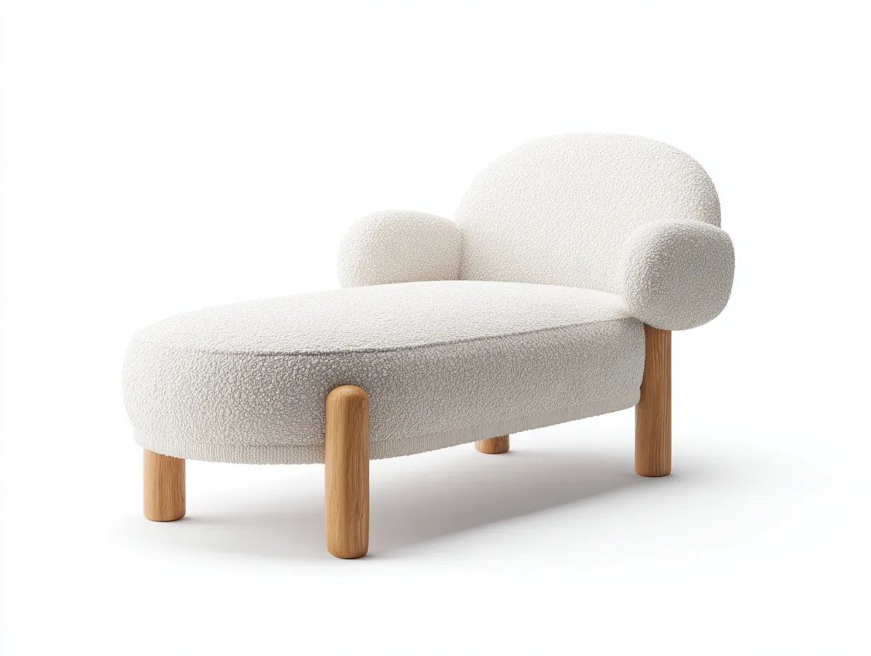 Chaiselongue Bouclé Stoff 182x76x82 cm - Weiß und Holzfarben - geschwungene Liegeform für Wohnzimmer-Ziluxcorner
