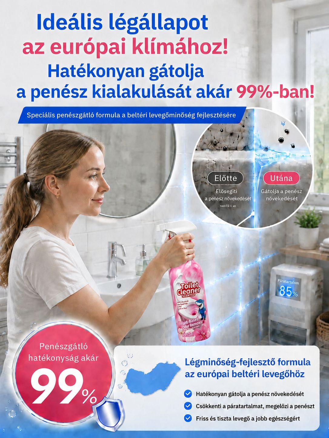 [Limitált Félár] Rózsaszín Habzó Tisztító Spray (460g) - Dörzsölés Nélküli Vízkő- és Penészoldó (pH 7.0 Csempevédelem)