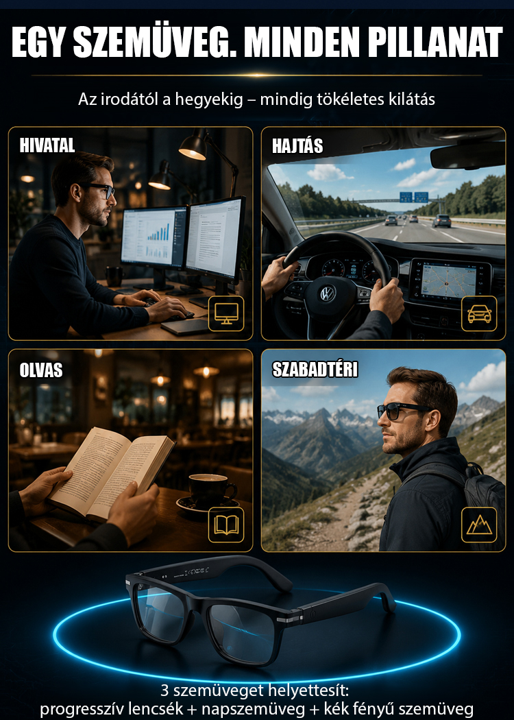 4 az 1-ben Intelligens Okosszemüveg (Csak 38g) | Autofókusz + Offline AI Fordító + 0,1s Sötétedés