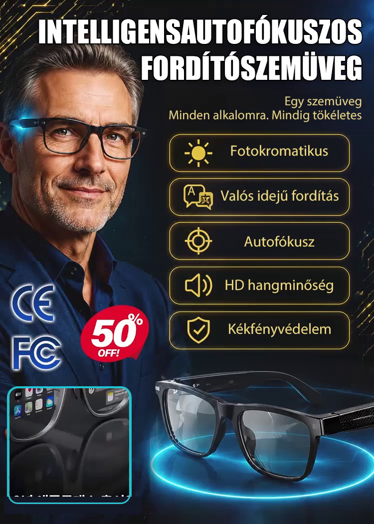 4 az 1-ben Intelligens Okosszemüveg (Csak 38g) | Autofókusz + Offline AI Fordító + 0,1s Sötétedés